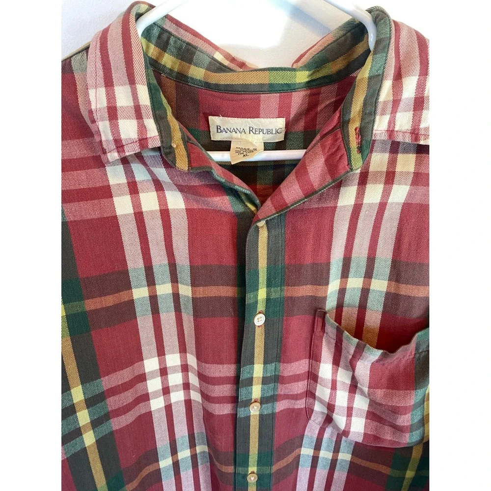 Vintage Banana Republic Mens Plaid Long Sleeve Button Down‎ Shirt Red Green XL